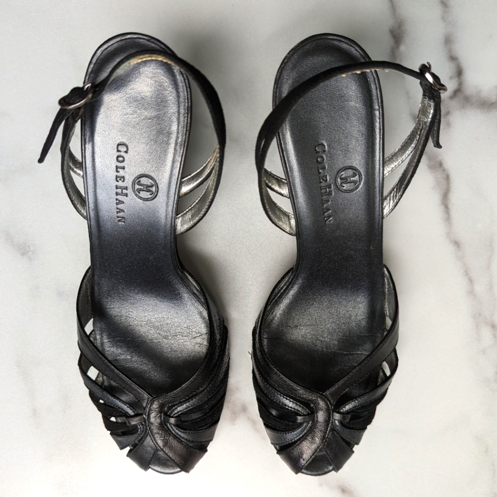 Cole Haan black leather & suede slingback wedge heels, D17560